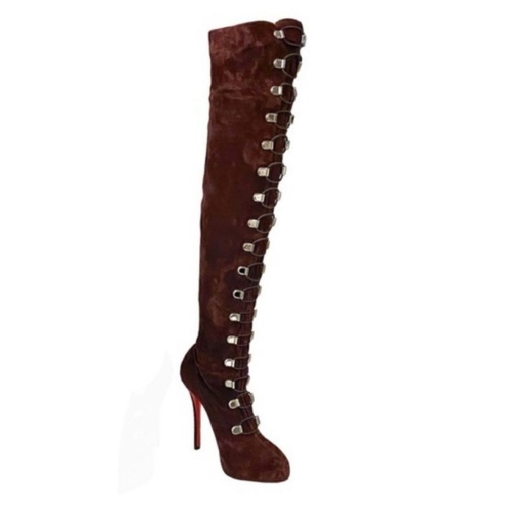 Christian Louboutin Top Croche Over-the-Knee Suede Lace up Boots Dark Purple 37